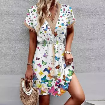 2025 новое весенне-летнее платье с короткими рукавами, кружевом и V-образным вырезом, с завышенной талией S