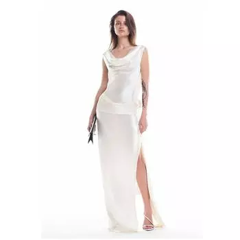 2025 Новое весенне-летнее великолепное клубное платье из атласа с открытой спиной, сексуальное макси-платье для женщин, элегантное длинное пляжное праздничное платье с высоким разрезом S белый
