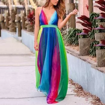 2025 новое весенне-летнее женское длинное платье сексуальное глубокое V-образное радужное сетчатое платье на подтяжках S