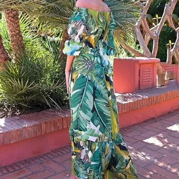 2025 новое весенне-летнее женское платье с принтом и одним словом на плече, облегающее и тонкое, темпераментное пригородное платье S зелёный