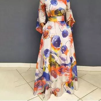 2025 Новое весеннее пригородное платье большого размера с принтом синего цвета со средней талией и длинным платьем-пуловером S