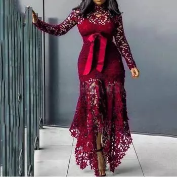 2025 новое женское кружевное платье с вырезами, длинными рукавами, воротником-стойкой, на шнуровке, 5 цветов, нерегулярный покрой S белый