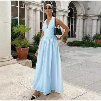 2025 Новое женское летнее хлопковое длинное платье без рукавов сексуальное платье макси с V-образным вырезом в стиле бохо свободный стиль длинное платье одежда S небесно-голубой