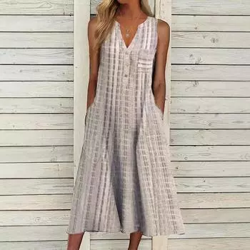 2025 новое женское летнее платье без рукавов с V-образным вырезом, свободное платье средней и длинной длины S серый