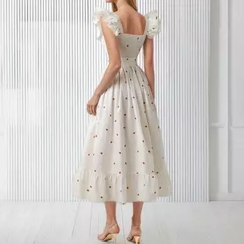 2025 новое женское модное платье с французским квадратным воротником и летящими рукавами с цветочным принтом на талии S белый