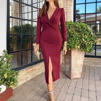 2025 Новое женское модное сексуальное облегающее платье с V-образным вырезом и разрезом, утягивающее талию для эффекта похудения - Идеальное вечернее платье S кларет