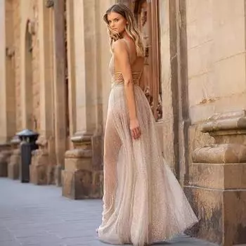 2025 новое женское платье без рукавов с V-образным вырезом, перспективное платье, длинное платье S абрикосовый
