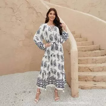 2025 Новое женское платье с длинным рукавом, элегантным принтом, удобное, свободное, подчеркивающее фигуру, темпераментное, большого размера, длинная юбка, женское M