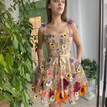 2025 новое женское платье с объемной цветочной вышивкой и запахом на бедрах S