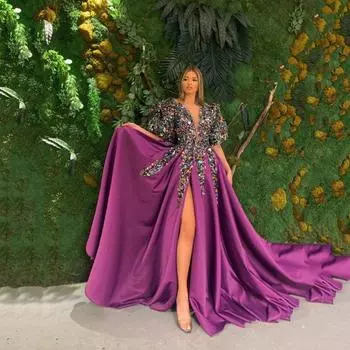 2025 Новое женское платье с пайетками, разрезом и V-образным вырезом, банкетное вечернее платье S разноцветный