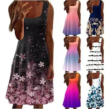 2025 Новое женское платье с заниженной талией, элегантное платье с принтом, весна-лето, свободное и удобное S чёрный