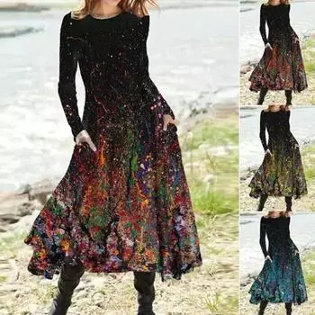 2025 Новое женское платье с заниженной талией, элегантное платье с принтом, весна-лето, свободное и удобное S синий