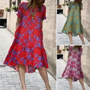 2025 Новое женское платье с заниженной талией, элегантное платье с принтом, весна-лето, свободное и удобное S красный