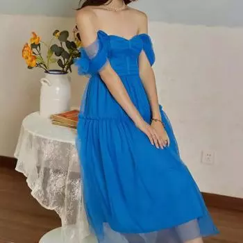 2025 Новое женское платье, сетчатое платье, платье принцессы без рукавов, среднее платье S синий