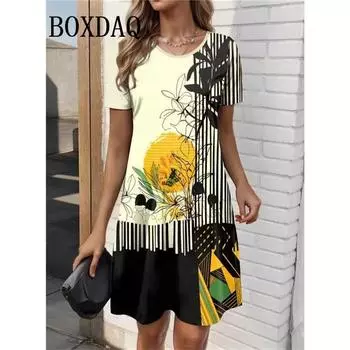 2025 Новое женское повседневное платье Летнее бохо-элегантное женское платье с коротким рукавом и круглым вырезом Модное расписное принтованное свободное мини-платье S