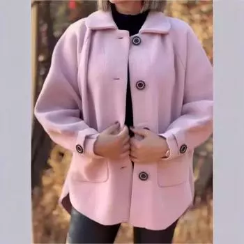 2025 Новое женское шерстяное пальто Повседневный свободный воротник Карманный кардиган S розовый