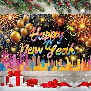 2025 Новогодняя вечеринка Фон Ткань Красочный городской фейерверк Баннер Главная 2025 Новогодняя вечеринка Украшение Баннер Подвесная ткань