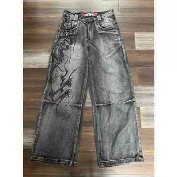 2025 Новые американские джинсы с принтом в стиле Харадзюку в стиле ретро Y2K женские потертые серые прямые брюки уличные готические свободные брюки унисекс модные S серый