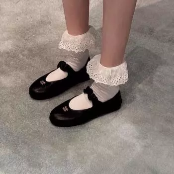 2025 новые балетки miu из мягкой кожи со складками, женские нишевые универсальные туфли Мэри Джейн на плоской подошве с круглым носком 35