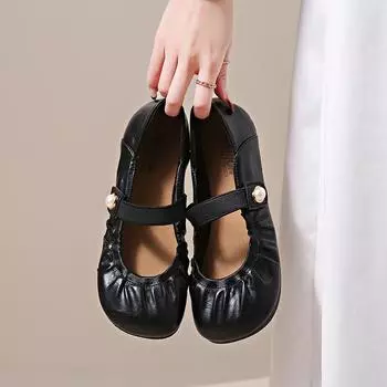 2025 новые балетки с круглым носком на плоской подошве, цвет соответствует слову с французскими плиссированными шапочками, туфли Мэри Джейн, женские туфли 35 чёрный