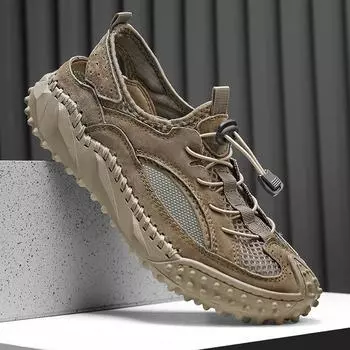 2025 Новые Большие Размеры Летние Мужские Ручной Работы Полые Повседневные Кожаные Сандалии Туфли 38 хаки