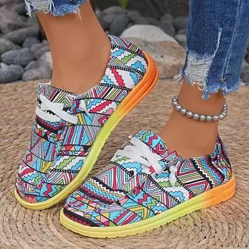 2025 новые большие размеры на шнуровке цветные низкие туфли женские этнические граффити ленивые парусиновые туфли на плоской подошве 36