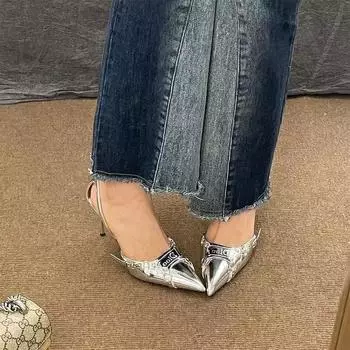2025 новые босоножки на высоком каблуке с острыми заклепками, светские дамы, серебряные лакированные туфли из лакированной кожи, женские сексуальные полые 34