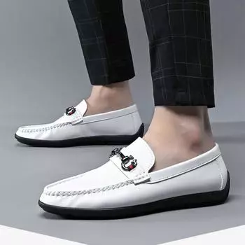 2025 новые британские повседневные туфли из мягкой кожи, мужская корейская версия, трендовые белые туфли с одной педалью, мужская обувь Doudou 1187 38 белый