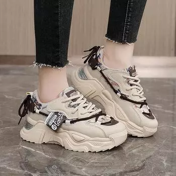 2025 Новые дышащие белые кроссовки - Туфли на толстой подошве и платформе, Нескользящая модная повседневная обувь, Легкая удобная обувь для ходьбы для женщин 35 хаки