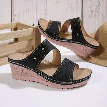 2025 новые европейские и американские туфли большого размера на танкетке с толстым дном, с цветочным узором, в римском стиле, женские тапочки 36 чёрный