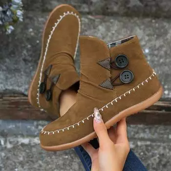 2025 Новые европейские и американские женские замшевые сапоги большого размера с круглым носком в стиле ретро с короткими трубами на плоской подошве 36 коричневый
