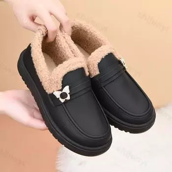 2025 Новые хлопковые туфли для женщин Зимние флисовые туфли без застежек Мягкие нескользящие мокасины с подошвой Женские теплые плюшевые балетки Zapatos De Mujer 36 чёрный