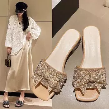 2025 новые интернет-знаменитости толстый каблук классные тапочки женская одежда летняя фея стиль модные банты стразы тапочки 35 чёрный