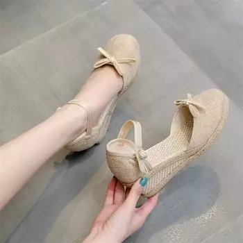 2025 новые корейские женские сандалии на танкетке повседневные сандалии удобные импортные сандалии с заостренной пряжкой льняные женские сандалии 34
