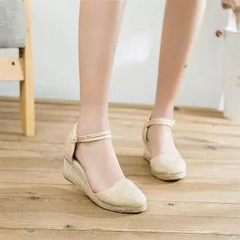 2025 новые корейские женские сандалии сандалии на танкетке удобные импортные сандалии с острым носком и пряжкой из пеньки женские сандалии 34