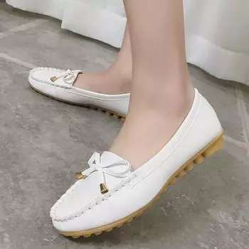 2025 Новые кожаные туфли с бантом для женщин, повседневные туфли на плоской подошве 35 белый