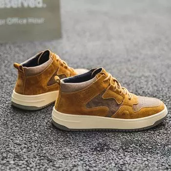 2025 новые кожаные высокие ботинки мужские осенне-зимние бархатные мужские ботинки повседневные туфли на платформе универсальные модные мужские туфли 38 коричневый