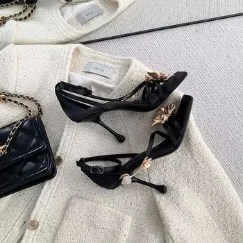 2025 новые красивые босоножки с одним словом на тонком каблуке женские летние темпераментные светские босоножки с каплями воды и золотистой орхидеей на высоком каблуке 35