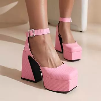 2025 новые квадратные босоножки с головкой-мешком в полоску с цветочным принтом, односложные босоножки с толстым каблуком, босоножки на высоком каблуке 35 чёрный