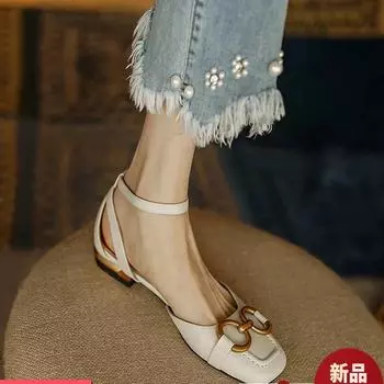 2025 новые квадратные туфли из мягкой кожи корейской версии, универсальные однотонные женские туфли с толстым каблуком, летние женские сандалии с плоской подошвой и сумкой 34 абрикосовый