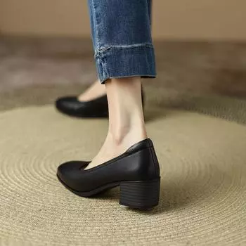 2025 новые квадратные туфли-одиночки женские кожаные мягкие подошвы нескользящие рабочие туфли с неглубоким носком модные толстые каблуки для мам одиночные туфли, женские 34 чёрный