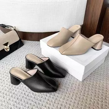 2025 новые квадратные туфли с толстым каблуком-мешком, полутапочки женские, весенняя одежда, туфли Muller, тапочки с одной педалью и высоким каблуком 35 абрикосовый