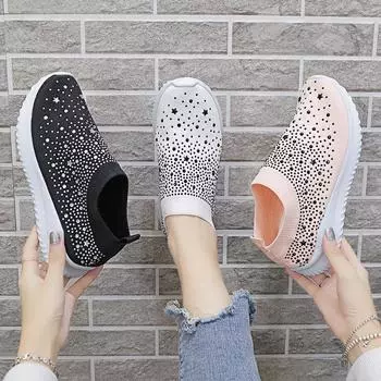 2025 новые легкие и дышащие повседневные женские кроссовки со стразами и сеткой, спортивные кроссовки с одной педалью, ленивые кроссовки 36 белый