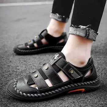 2025 Новые летние дышащие полые повседневные сандалии большого размера сшитые туфли на липучках для вождения на открытом воздухе 38