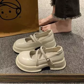 2025 Новые летние французские туфли на толстой подошве, женские летние туфли с круглым носком и мелким носком, британские ветровые туфли небольшого размера из кожи 35 бежевый