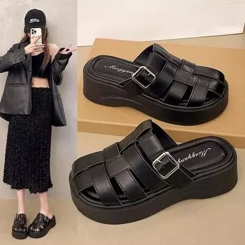 2025 новые летние корейские плетеные полые римские тапочки на толстой подошве, женские ленивые универсальные верхние тапочки с сумкой на голову, полуперетаскиваемые 35 чёрный