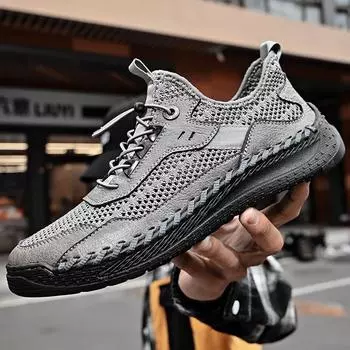 2025 новые летние мужские повседневные сандалии большого размера сшитые из воловьей кожи сетчатые мужские туфли корейской версии tide Shoes 38 чёрный