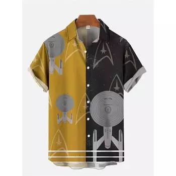 2025 Новые летние мужские рубашки с короткими рукавами, удобные и повседневные мужские топы с лацканами и принтом космического корабля, мужские рубашки больших размеров M