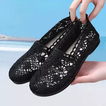 2025 Новые летние новые старые Пекинские дышащие женские сетчатые туфли с неглубокой горловиной и мягкой подошвой на плоской подошве для повседневных матерей 36 чёрный