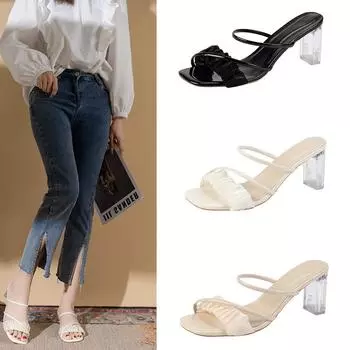 2025 новые летние прозрачные босоножки женские на высоком каблуке толстые каблуки хрустальные высокие каблуки стиль феи слово с классными тапочками 35